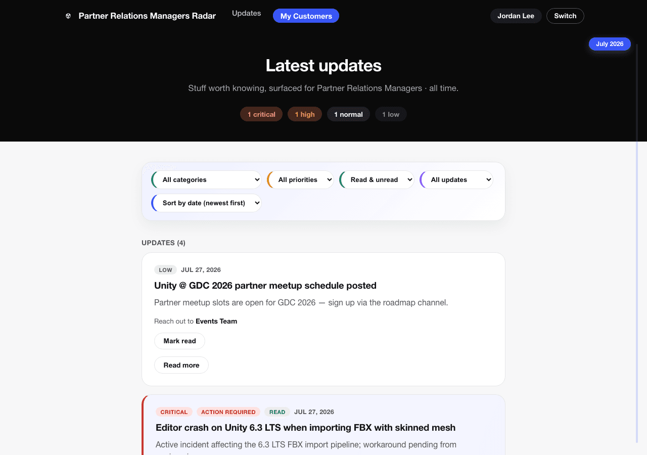 Screenshot of Partner Radar: Customer-Matched Update Feed